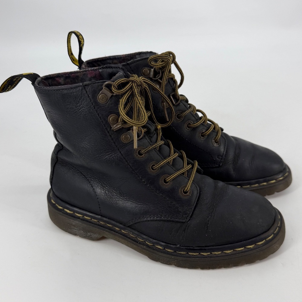 Dr. Martens Luana Black Leather Lace Up‎ Combat Boots Floral Lining Women 6 US